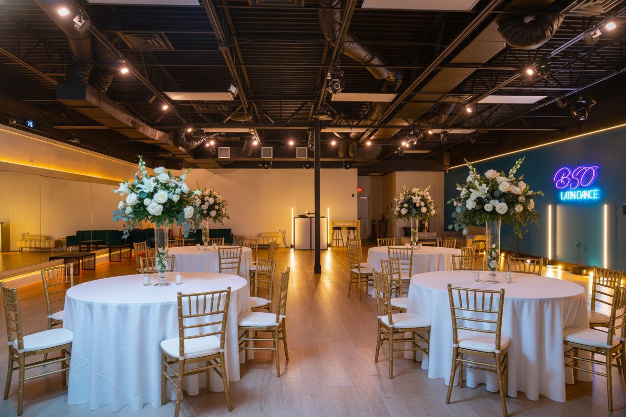 Empty BSO studio floor lit in signature neon colors, ready for your event