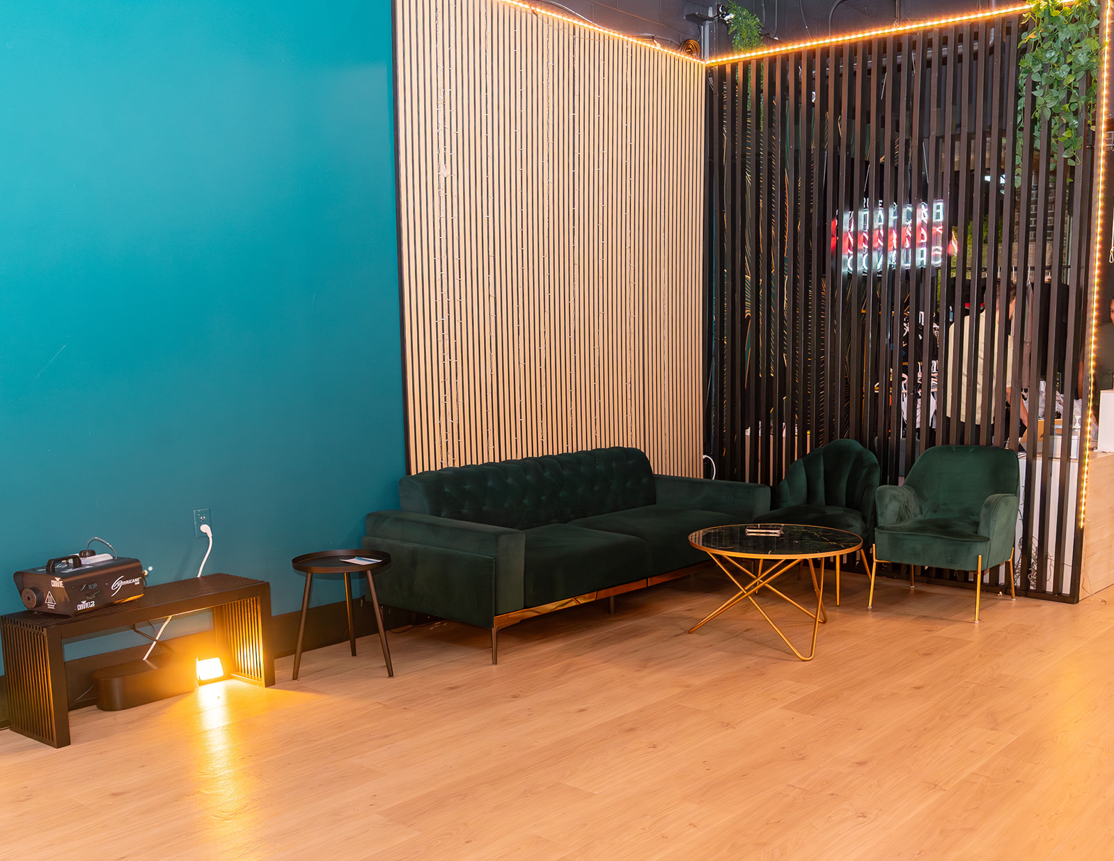 Lounge seating area inside the studio